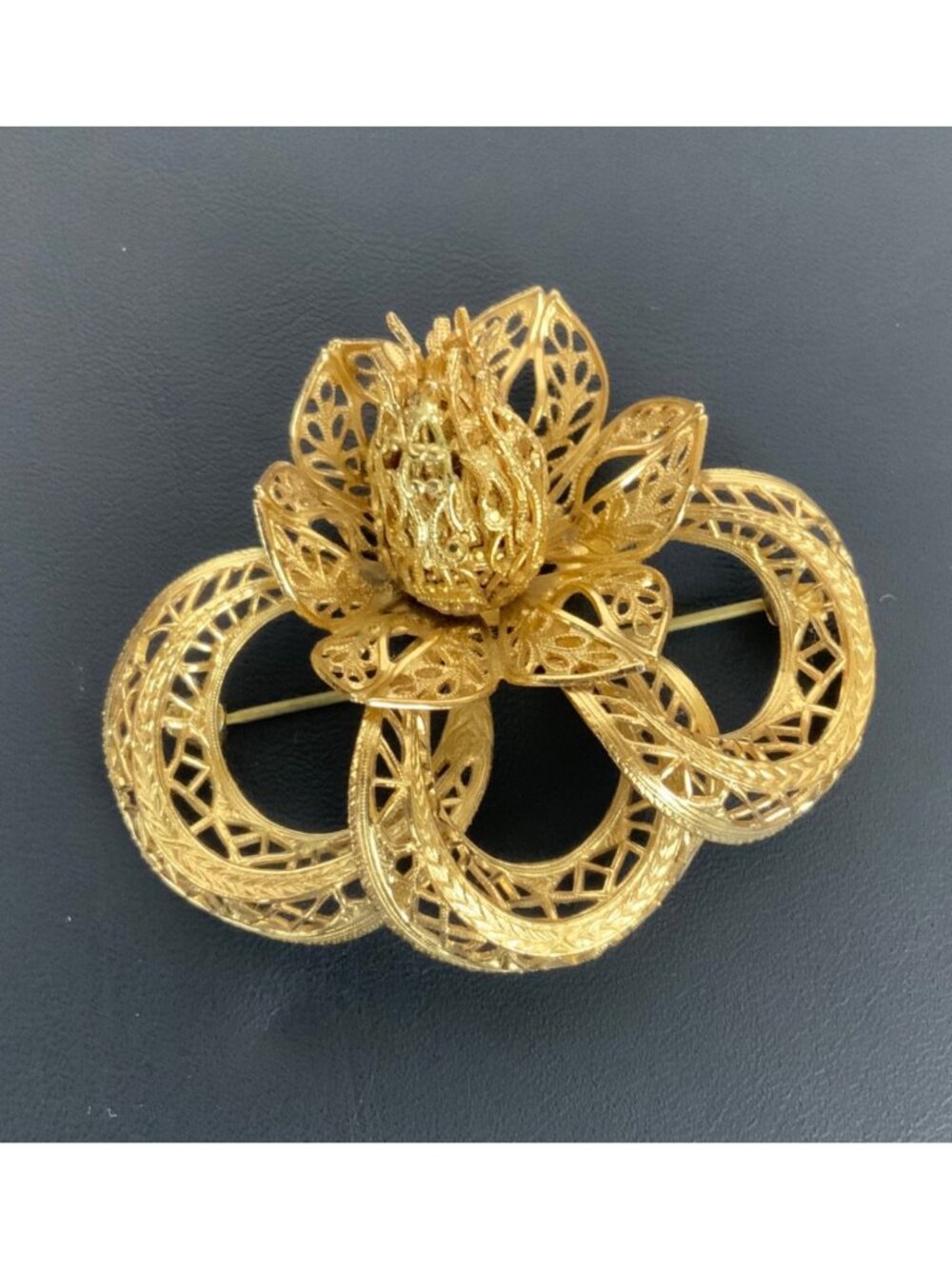 Vintage Corocraft Gold Tone Filigree 3D Floral Brooch Statement Pin Mid Century